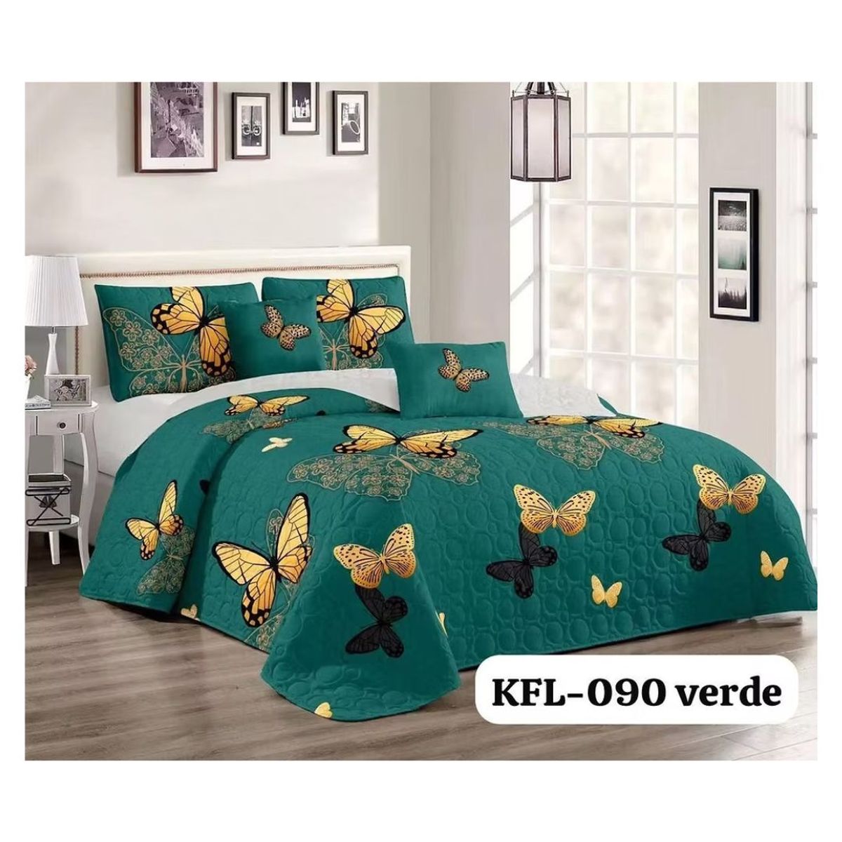 GENERICO - Cubrecama Quilt Verano 1.5 Plazas - Verde Mariposas KFL090