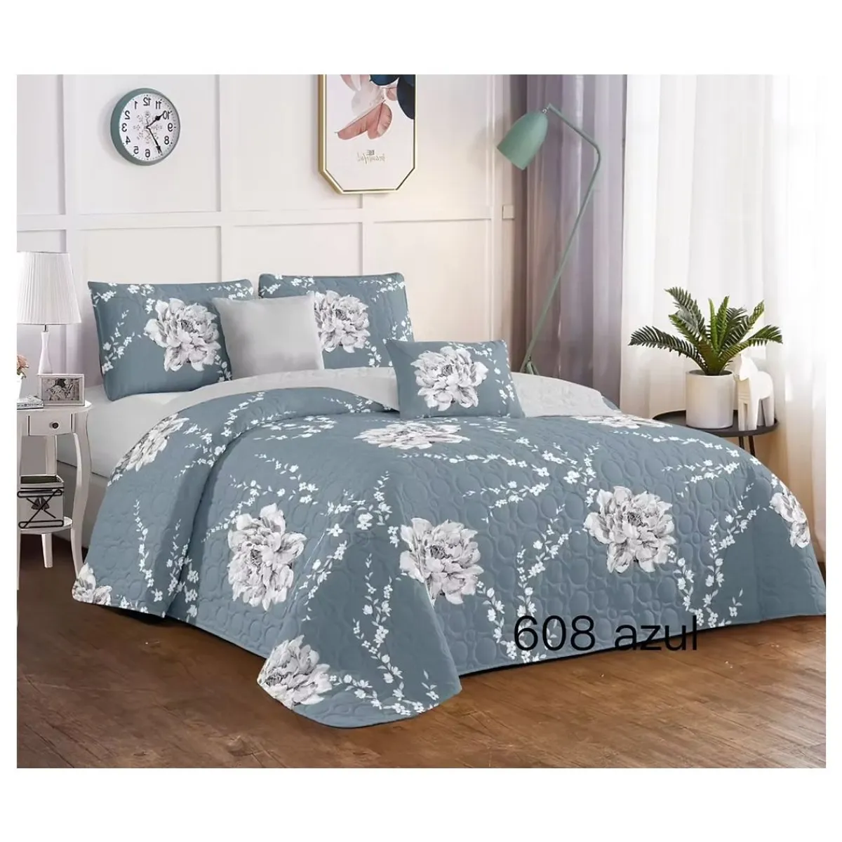GENERICO - Cubrecama Quilt Verano 2 Plazas - Azul Rosas KFL608