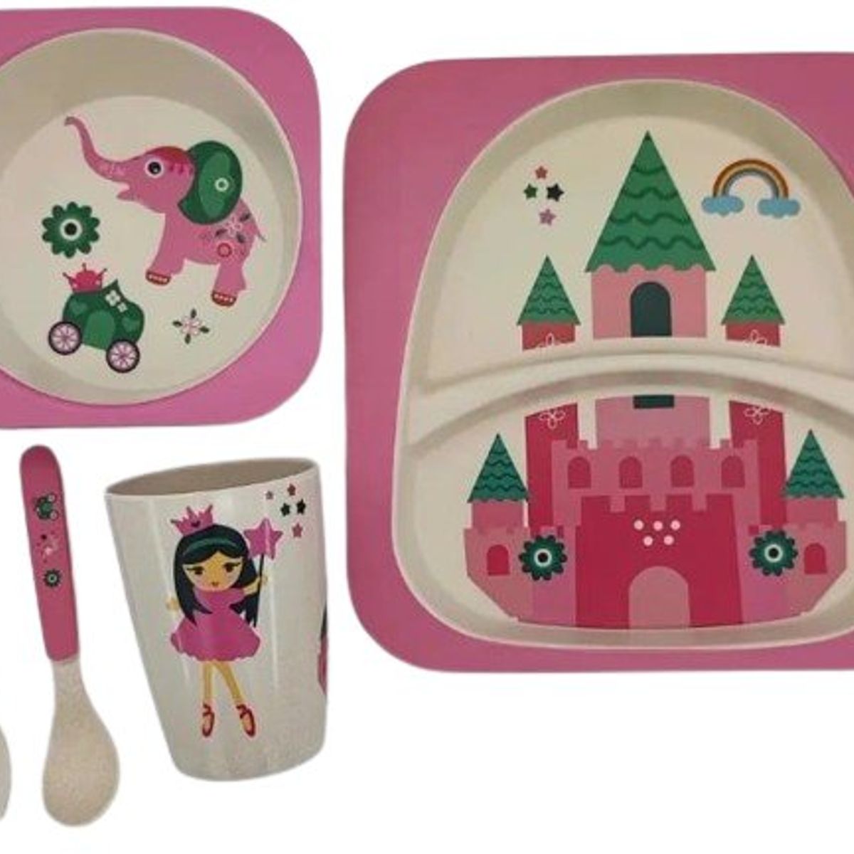 GENERICO - Set plato y cubiertos para bebé y niños 5unds fibra bambú