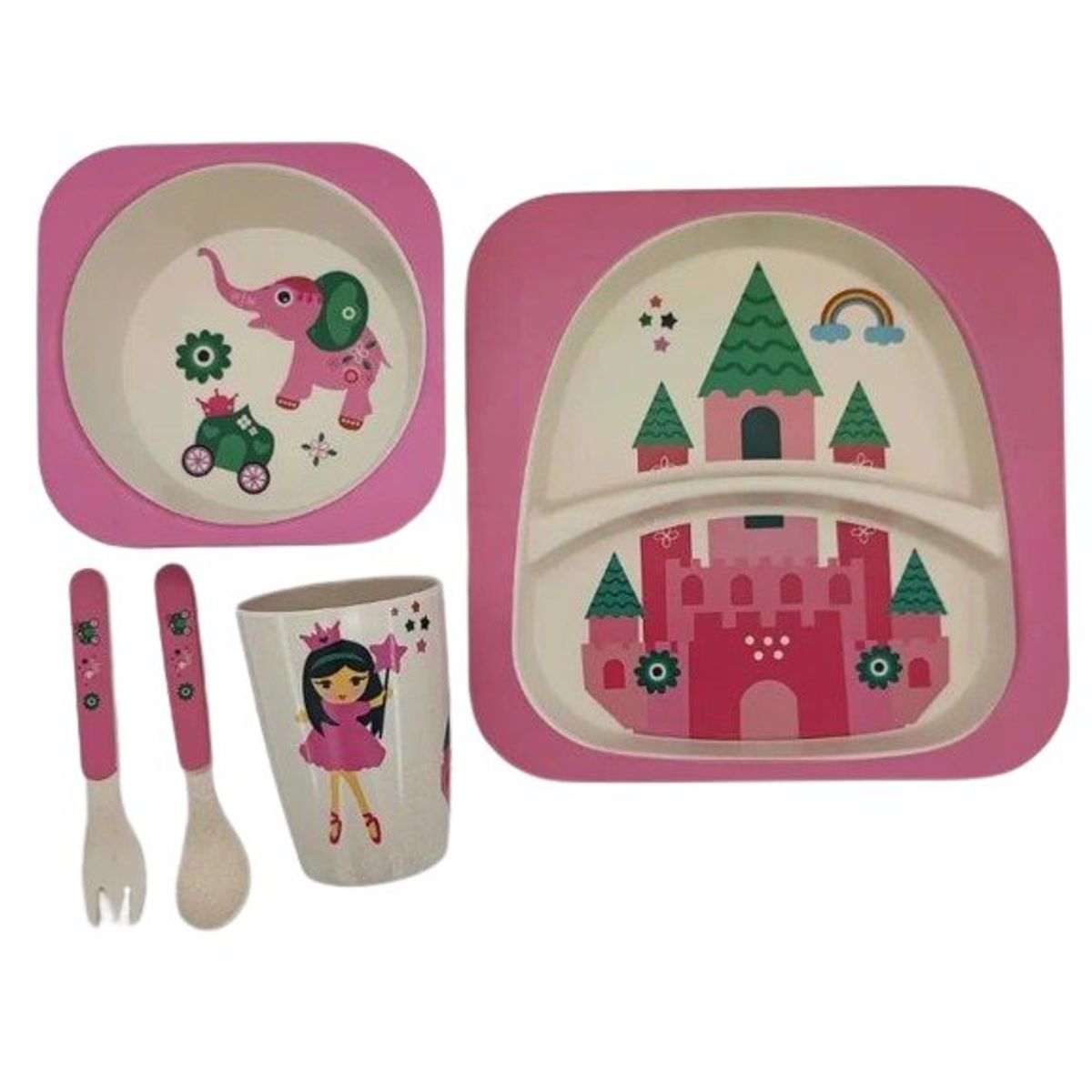 GENERICO - Set plato y cubiertos para bebé y niños 5unds fibra bambú