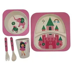GENERICO - Set plato y cubiertos para bebé y niños 5unds fibra bambú
