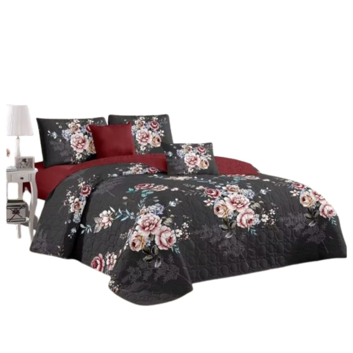 GENERICO - Cubrecama Quilt Verano 2 Plazas - Negro Rosas KFL633