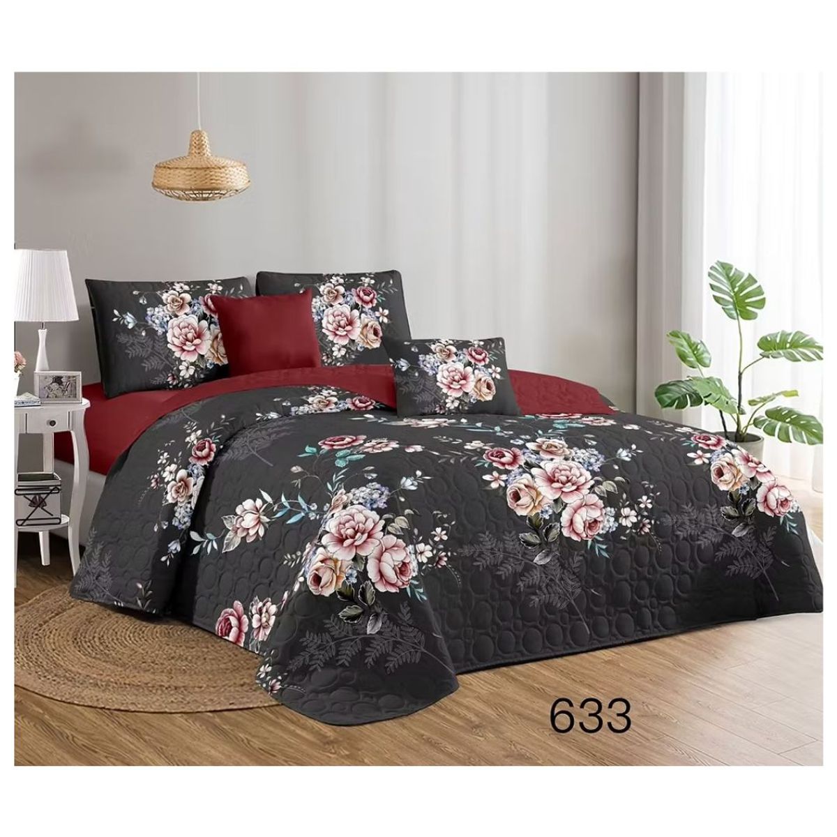 GENERICO - Cubrecama Quilt Verano 2 Plazas - Negro Rosas KFL633