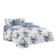 GENERICO - Cubrecama Quilt Verano 2 Plazas - Blanco Flores Azules KFL659
