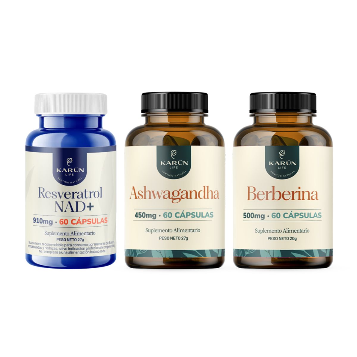 KARUNLIFE - Pack Resveratrol Nad+ + Ashwagandha + Berberina - 180 Cap Karun Life