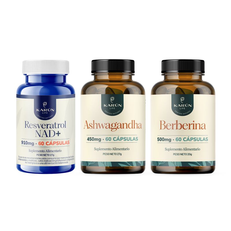 KARUNLIFE - Pack Resveratrol Nad+ + Ashwagandha + Berberina - 180 Cap Karun Life