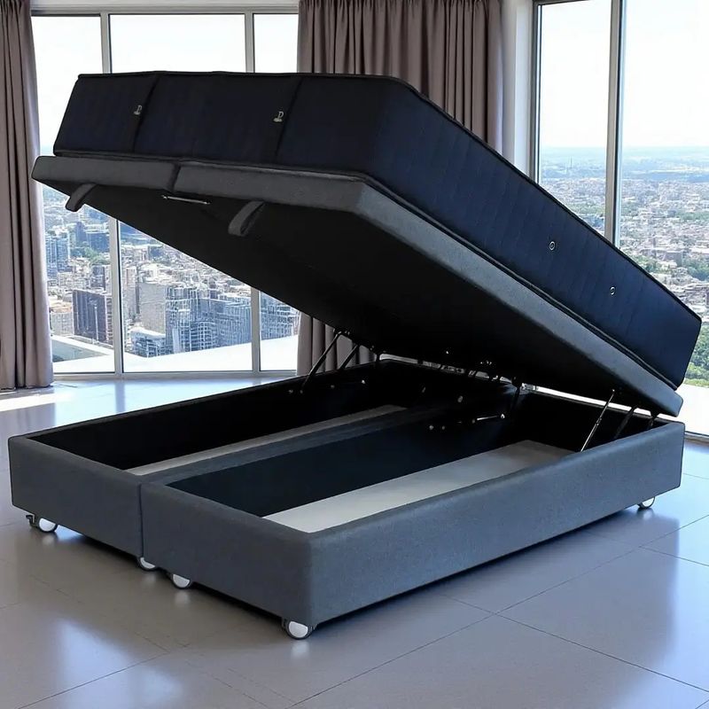 BLOCCARE - Cama Baul King + Colchon CIC PREMIUM  Con Ruedas LOGOGris