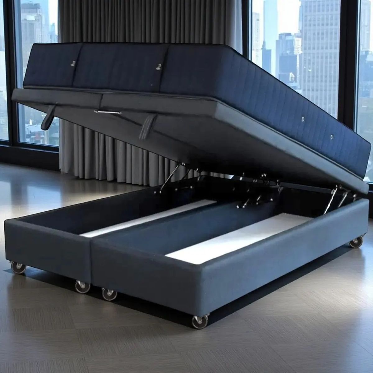 BLOCCARE - Cama Baul King + Colchon CIC SUPER PREMIUM Con Ruedas PYTONGris