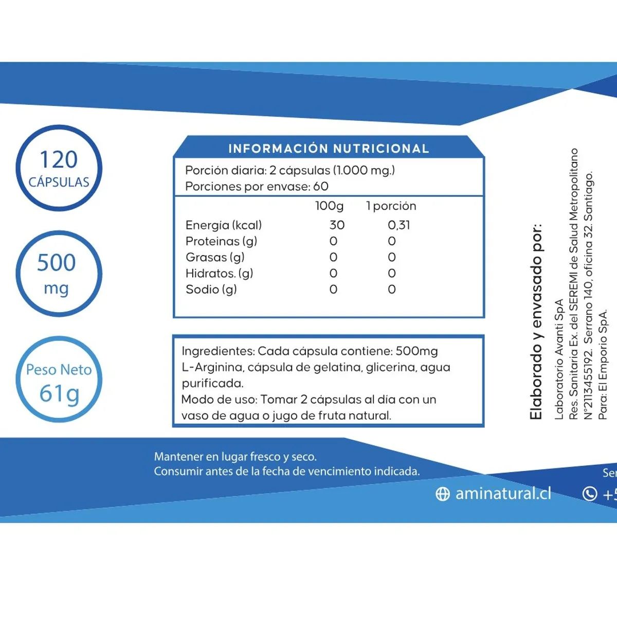 GENERICO - L-Arginina Pura Aminatural 120 Cáps - Óxido Nítrico Natural