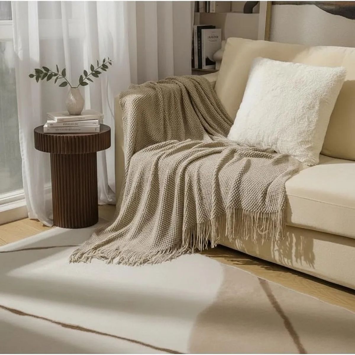 GENERICO - MANTA DECORATIVA MARRON CLARO CON FLECOS 180X130CM CSAMIO