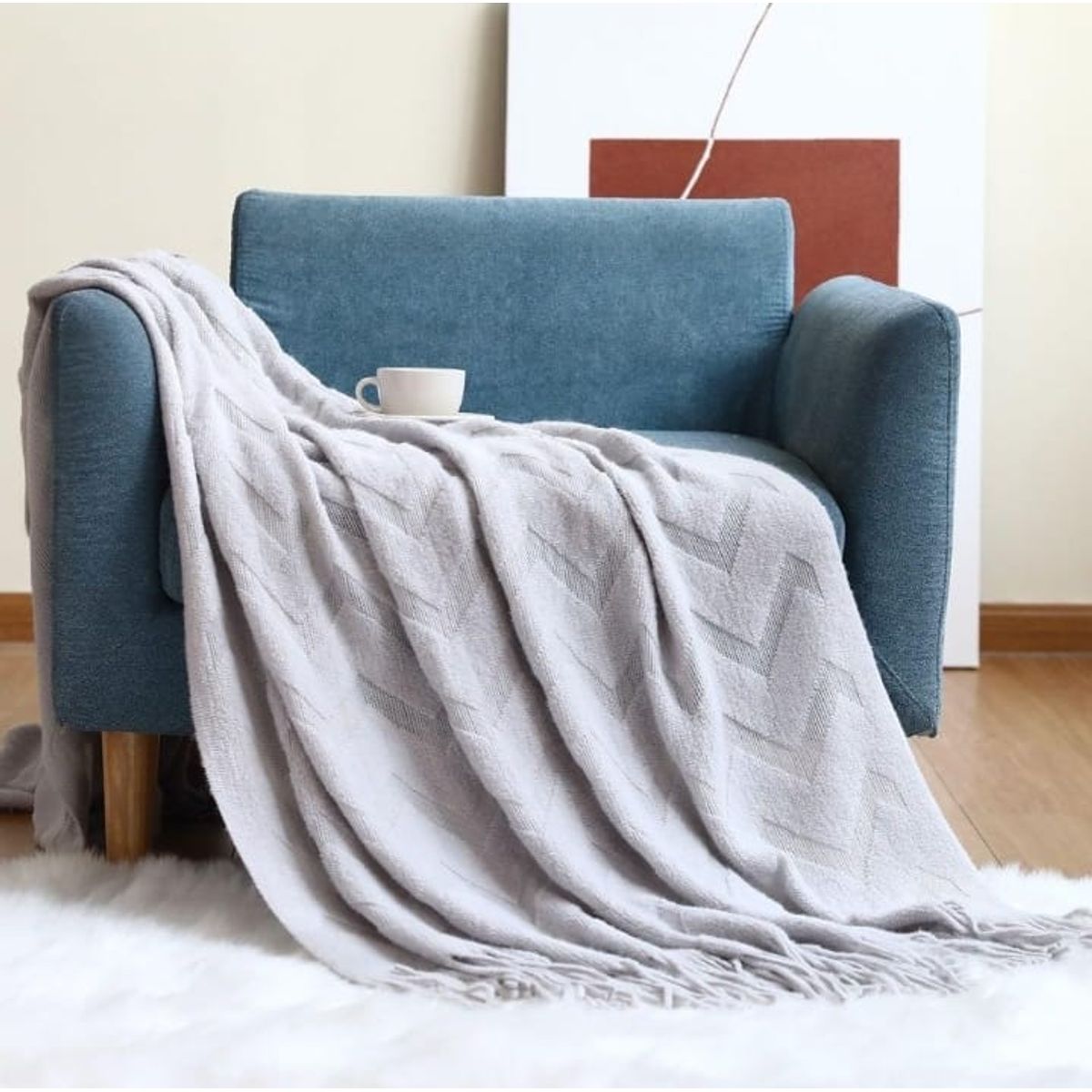 GENERICO - MANTA DECORATIVA GRIS ZIGZAG CON FLECOS 180X130CM CSAMIO_.