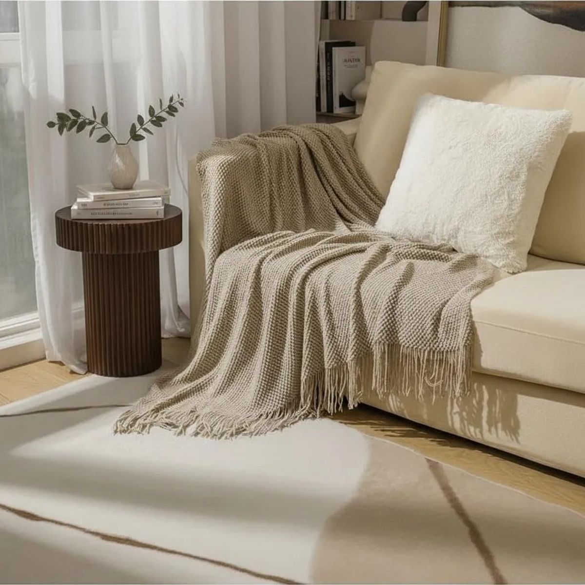 GENERICO - MANTA DECORATIVA BEIGE CON FLECOS 180X130CM CSAMIO_.