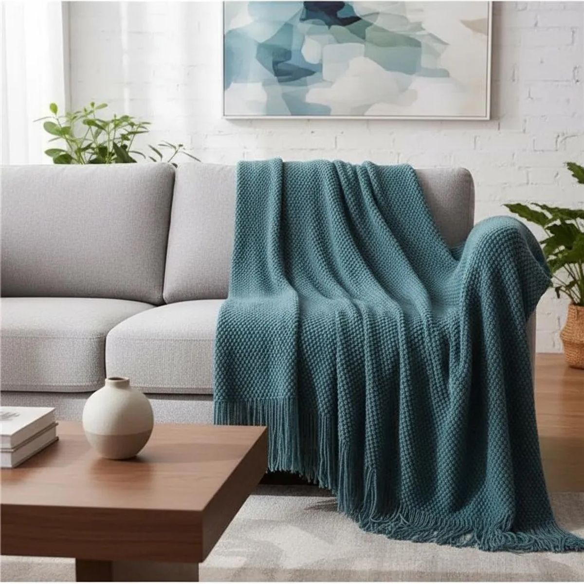 GENERICO - MANTA DECORATIVA AZUL PETROLEO CON FLECOS 180X130CM CSAMIO