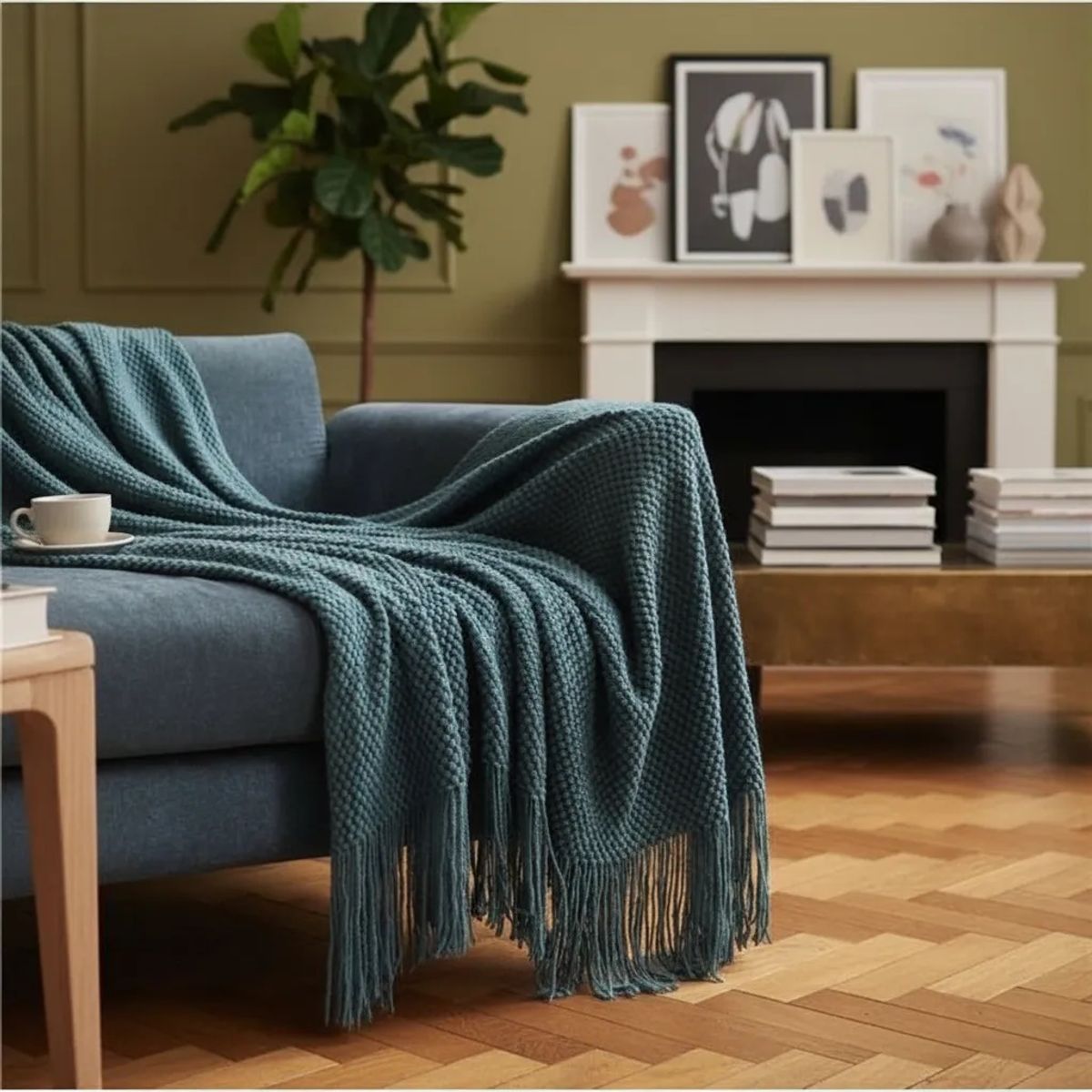 GENERICO - MANTA DECORATIVA AZUL PETROLEO CON FLECOS 180X130CM CSAMIO