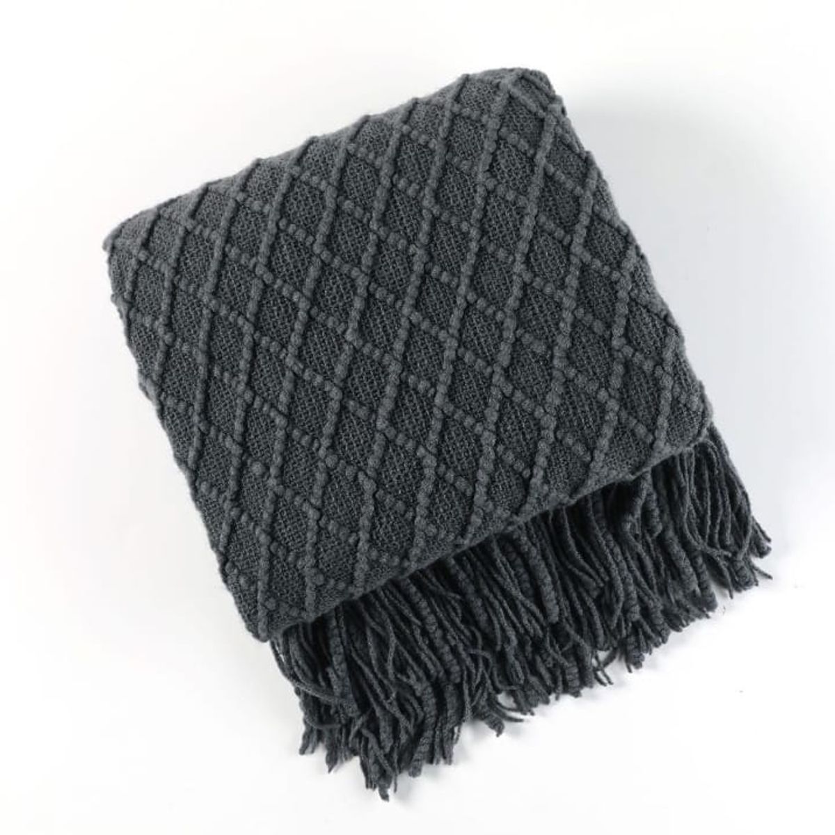 GENERICO - MANTA DECORATIVA GRIS CUADRITOS CON FLECOS 180X130CM CSAMIO