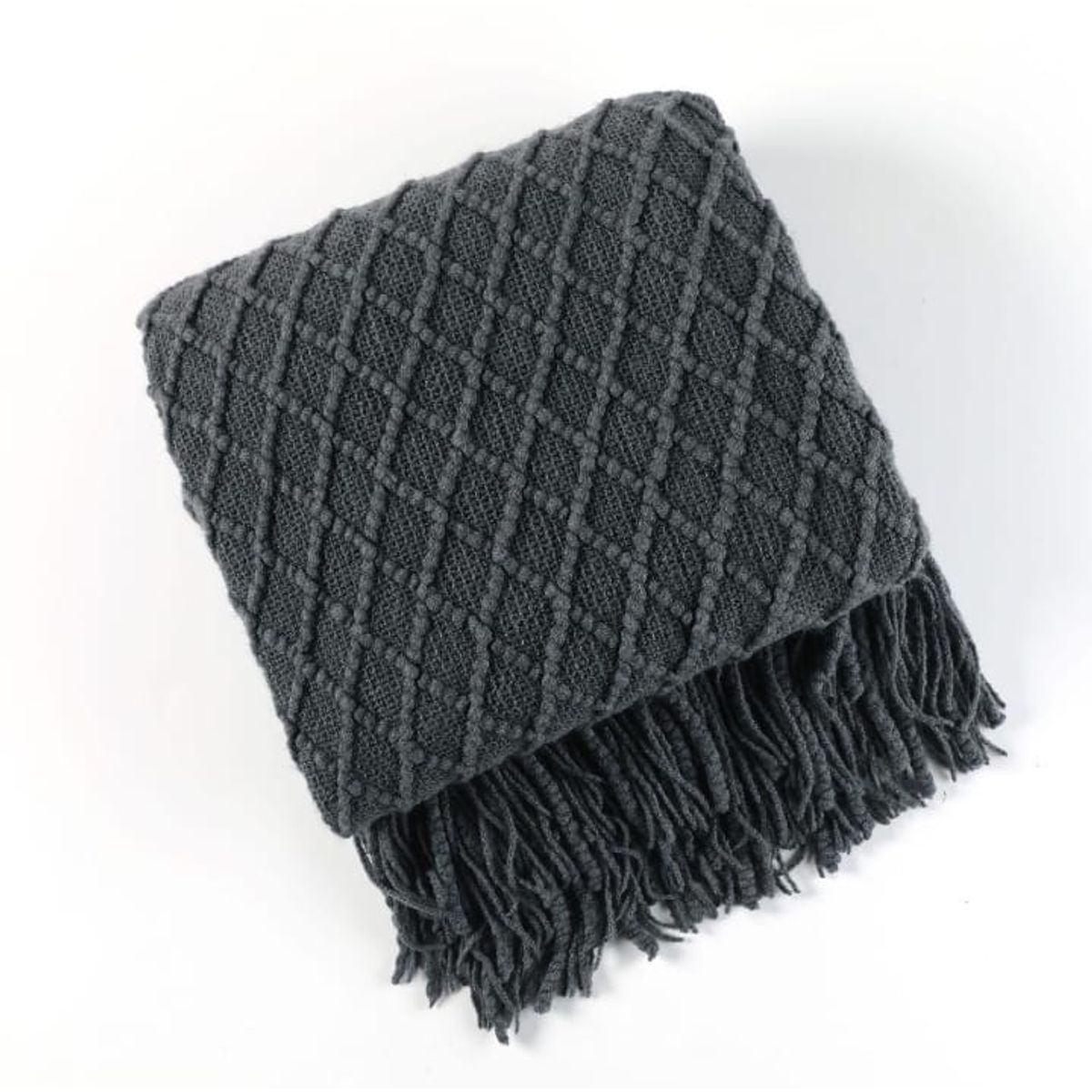 GENERICO - MANTA DECORATIVA GRIS CUADRITOS CON FLECOS 180X130CM CSAMIO