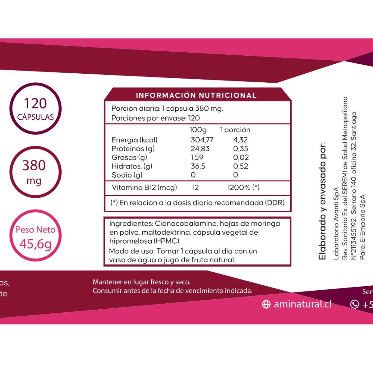 GENERICO - Vitamina B12 + Moringa Aminatural 120 cáps.