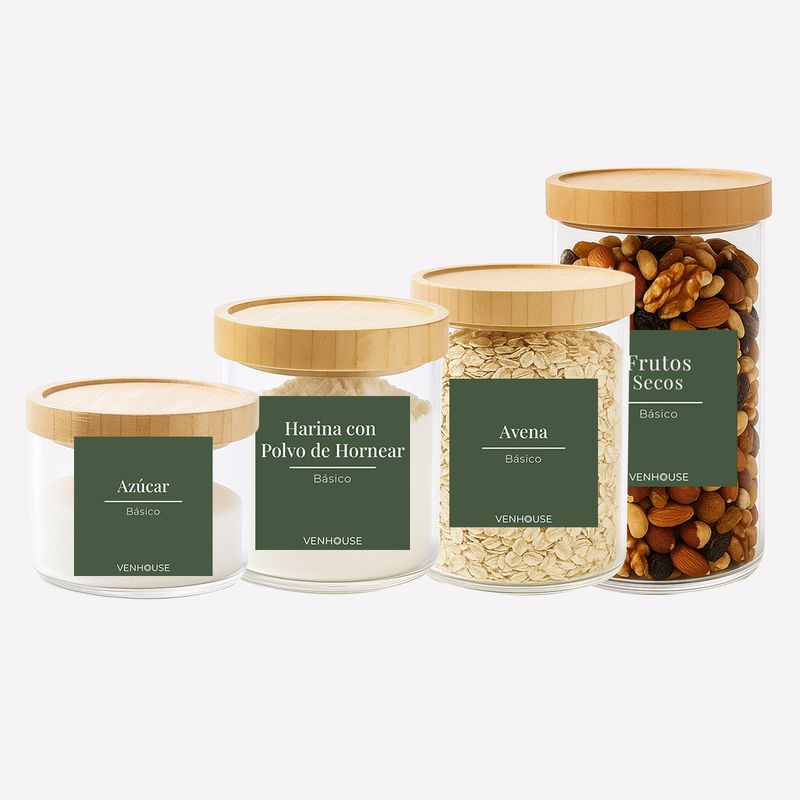 GENERICO - Set 4 Contenedores Herméticos Vidrio Cocina Despensa Bambú Verde