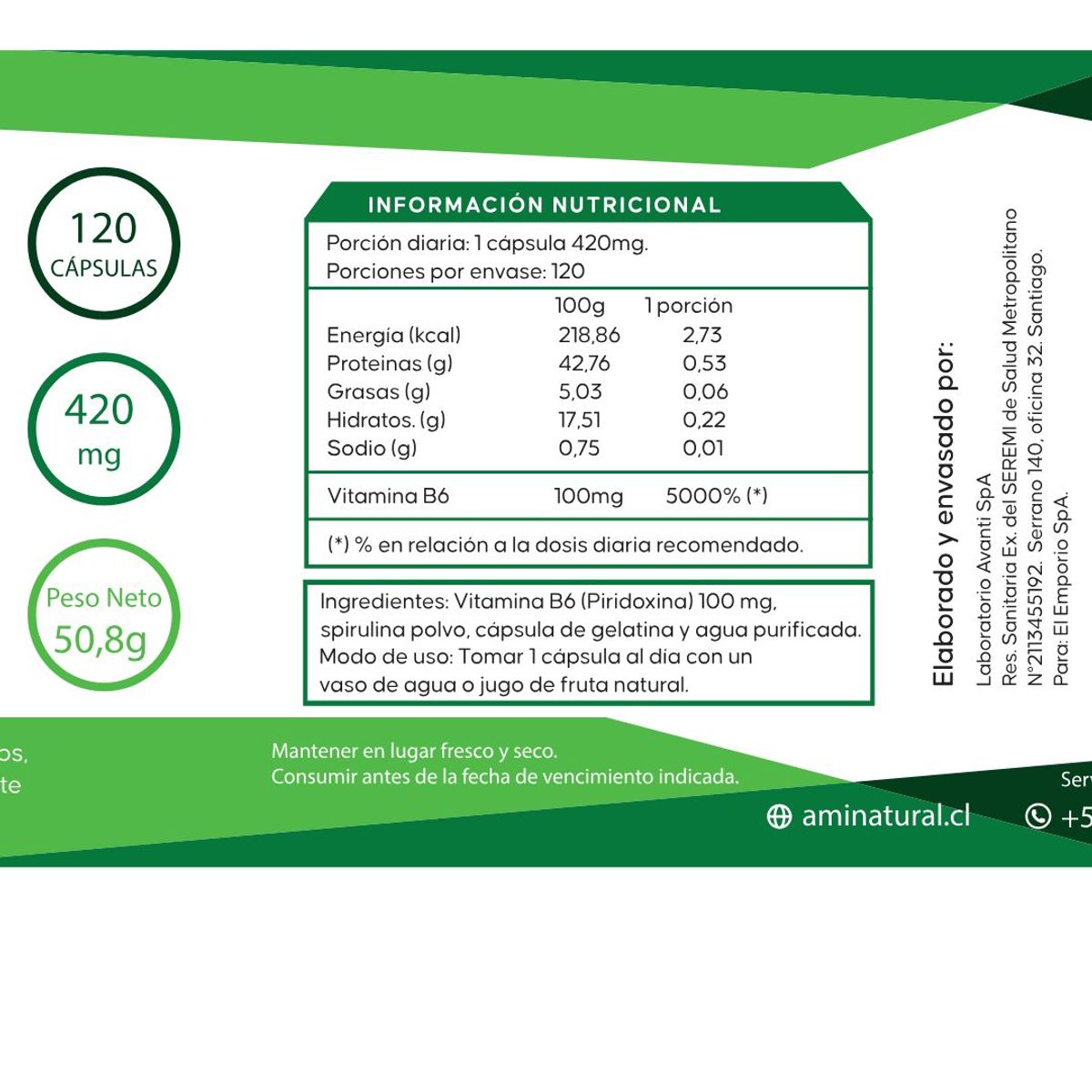 GENERICO - Vitamina B6 + Spirulina Aminatural 120 cáps.