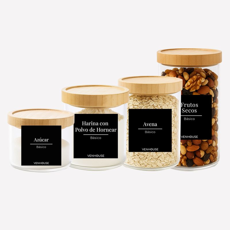 GENERICO - Set 4 Contenedores Herméticos Vidrio Cocina Despensa Bambú Negro