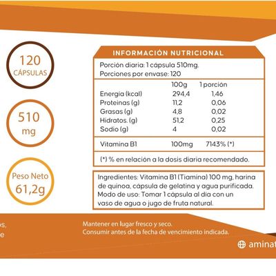 Imagen 2 del producto Vitamina B1 Tiamina Aminatural 120 cáps.