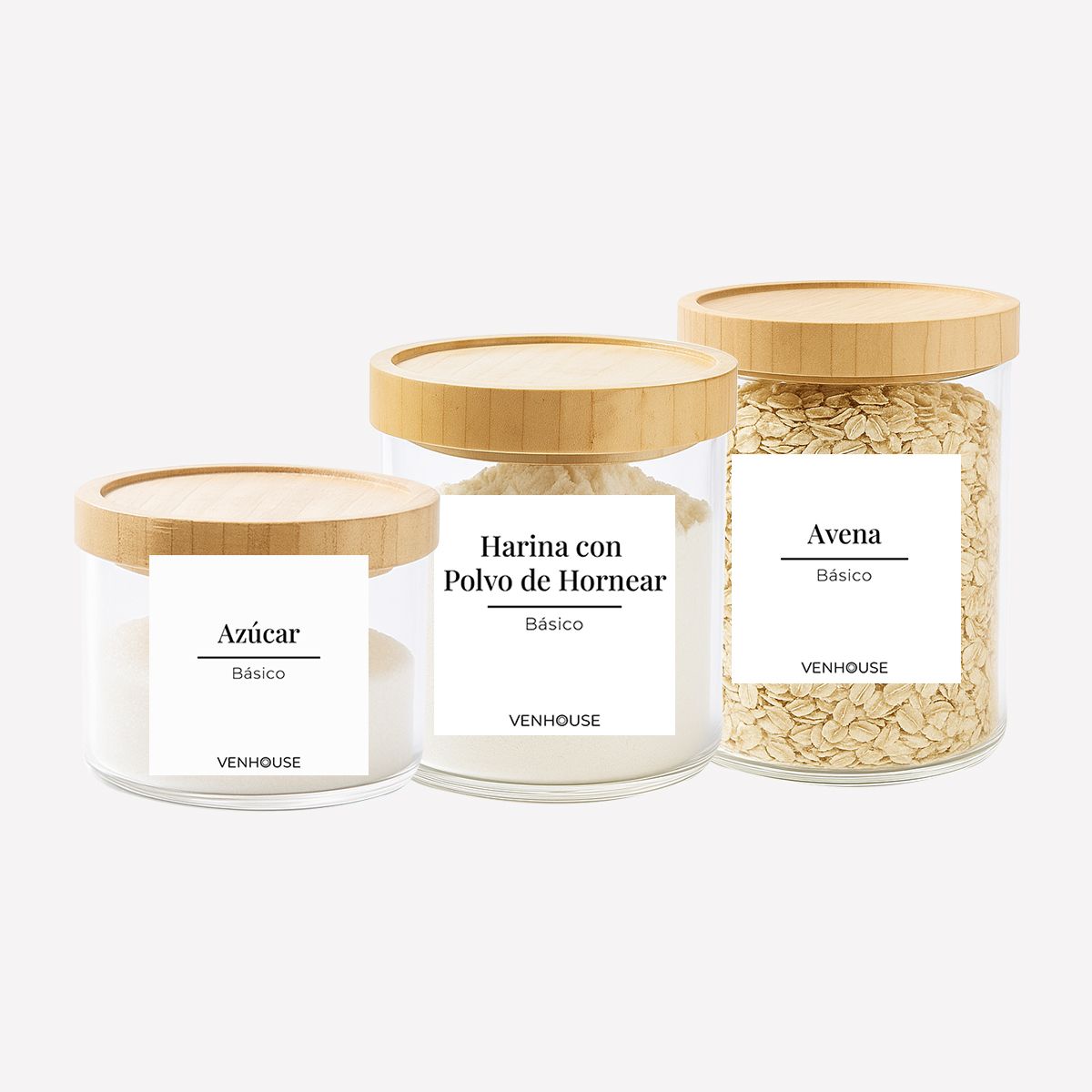 GENERICO - Set 3 Contenedores Herméticos Vidrio Cocina Despensa Bambú Blanco