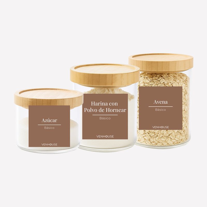 GENERICO - Set 3 Contenedores Herméticos Vidrio Cocina Despensa Bambú Marrón