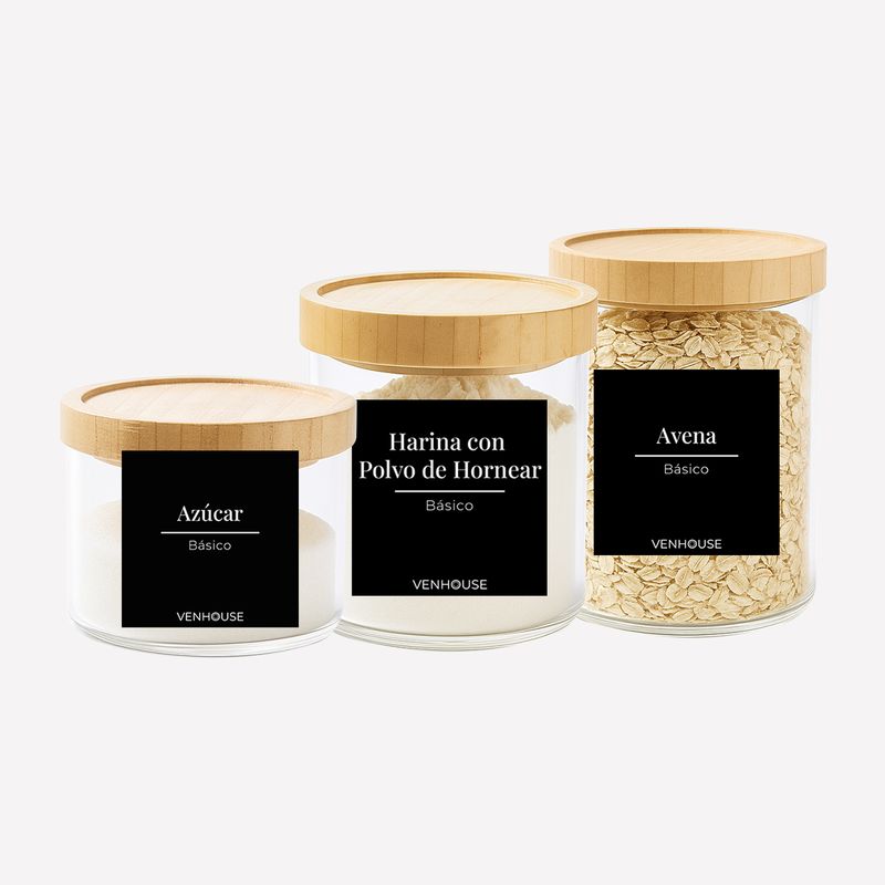 GENERICO - Set 3 Contenedores Herméticos Vidrio Cocina Despensa Bambú Negro