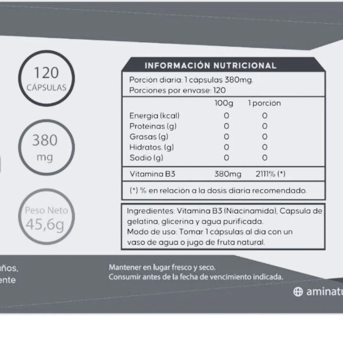GENERICO - Vitamina B3 Pura Aminatural 120 cáps.