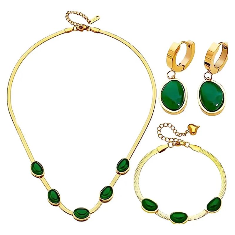 BELIDASHOP - Juego De Joyas Piedras Verde Esmeralda 3 Piezas Para Mujer Dorado
