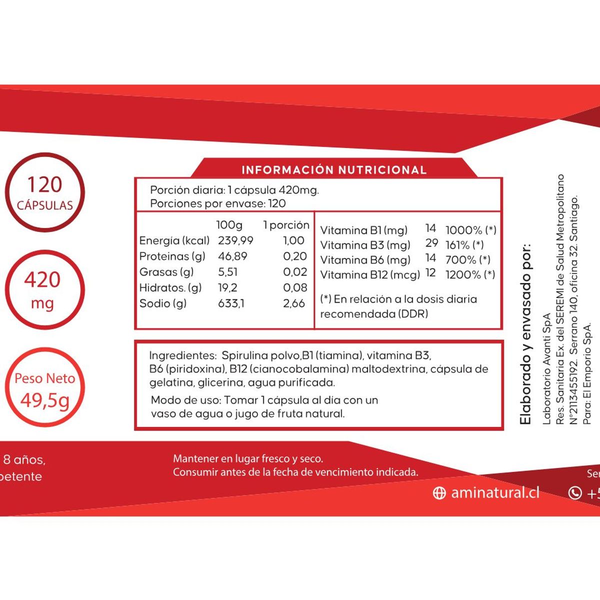 GENERICO - Complex B+Spirulina Aminatural 120 cáps.