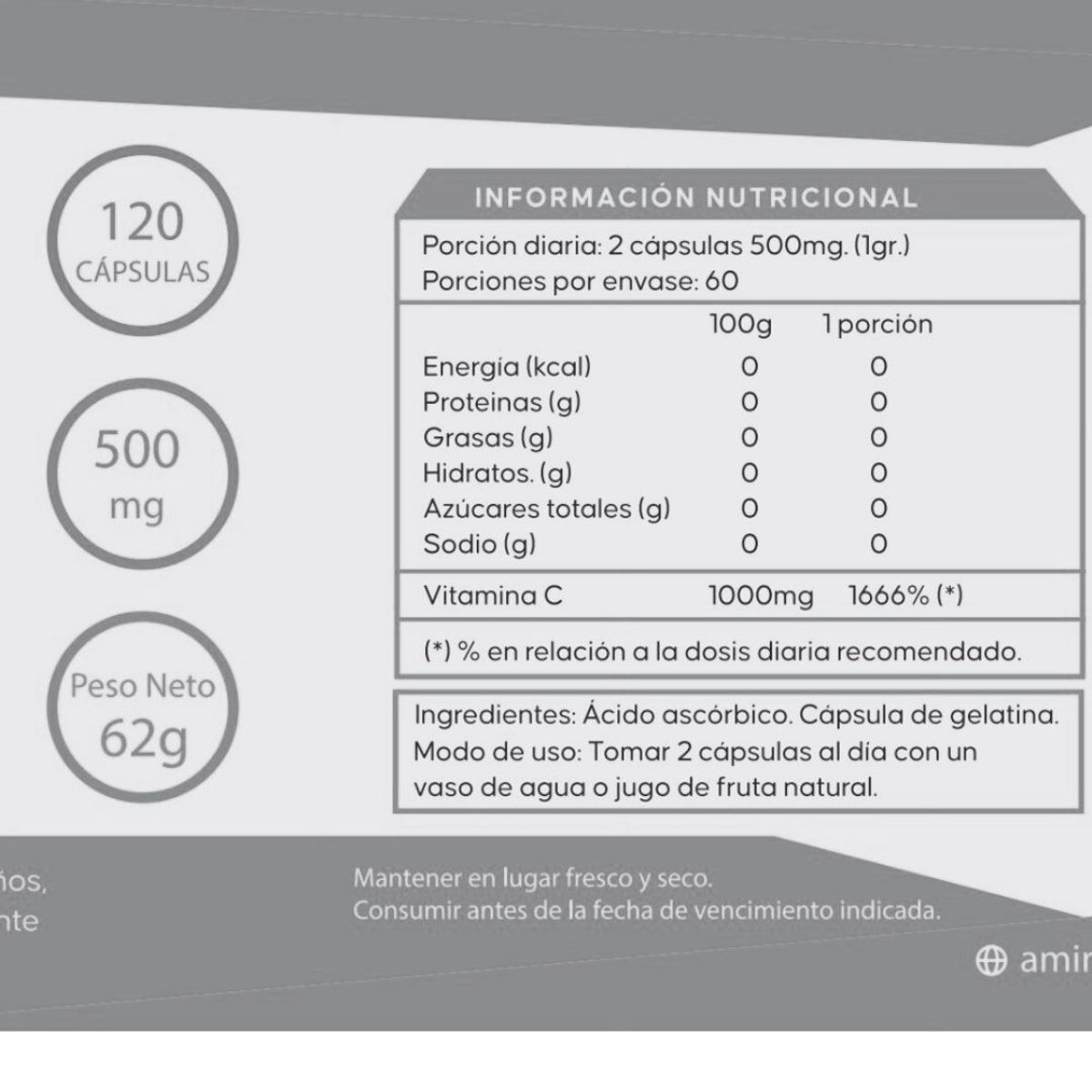 GENERICO - Vitamina C Pura Aminatural 120 cáps.