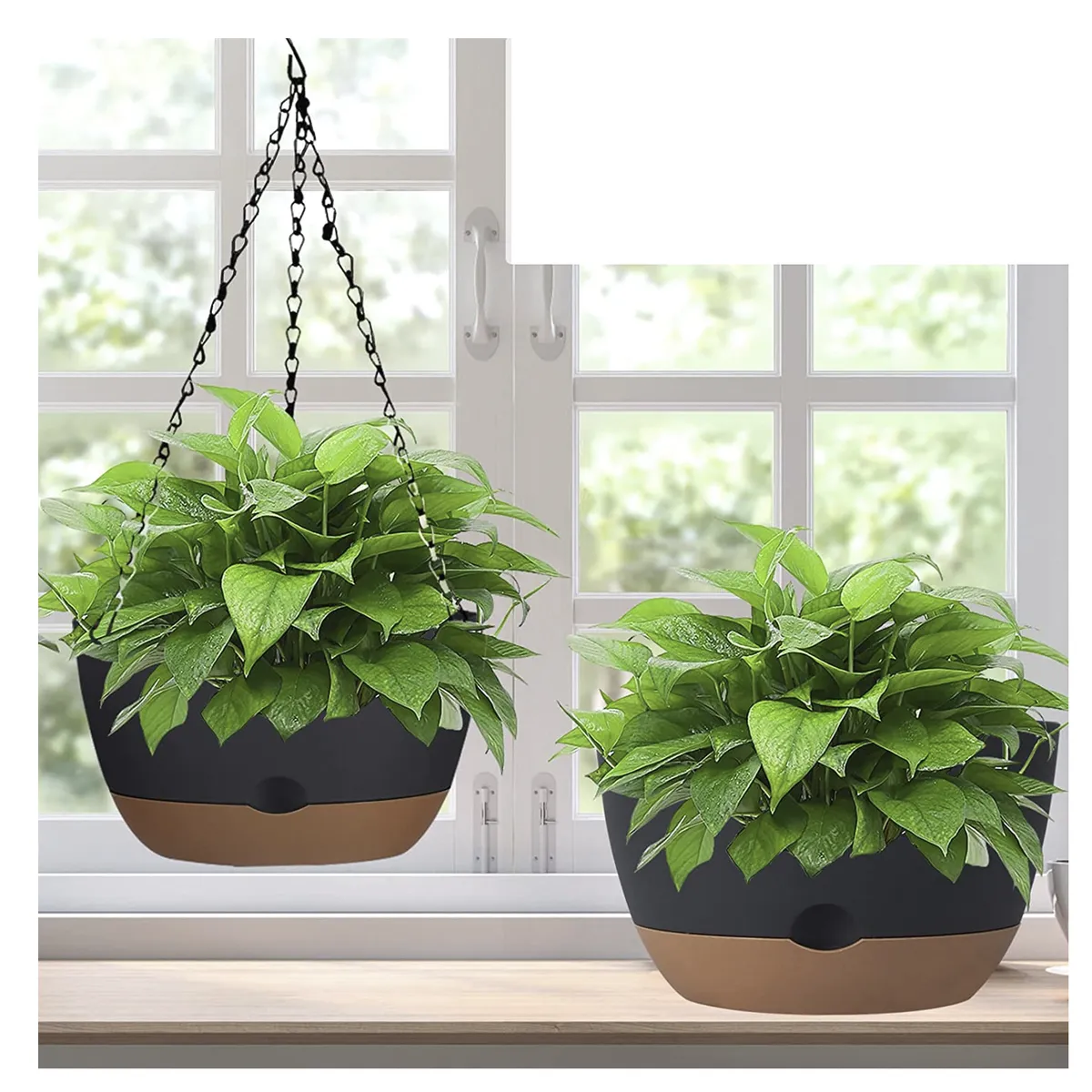 GENERICO - Kit 2 Macetero Colgante con Bandeja Extraíble y Drenaje L Negro