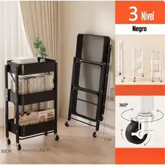 OASIS - Carrito De Almacenamiento Plegable De 3 Niveles Ruedas Estantes NEGRO