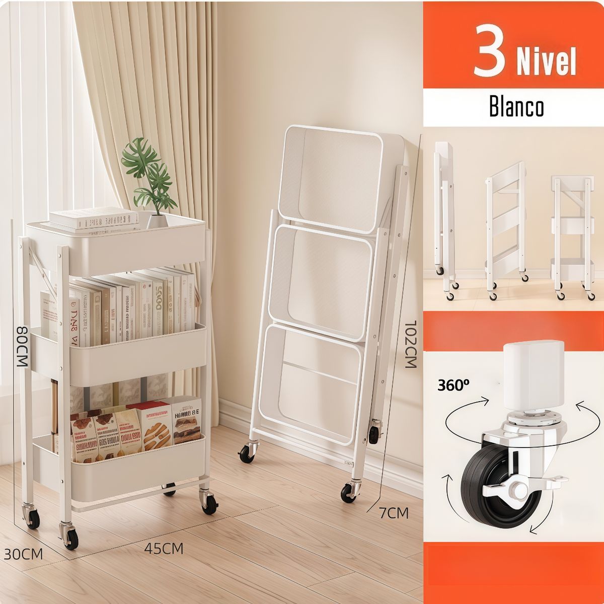 OASIS - Carrito De Almacenamiento Plegable De 3 Niveles Ruedas  Estantes Blanco