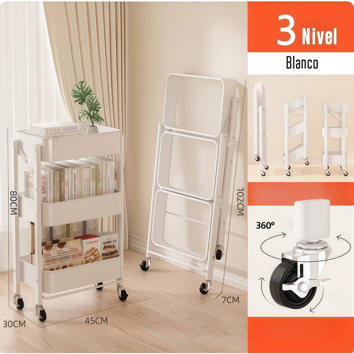 OASIS - Carrito De Almacenamiento Plegable De 3 Niveles Ruedas  Estantes Blanco