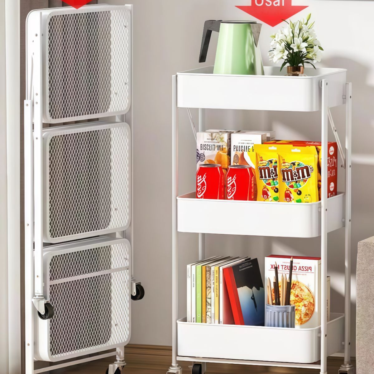 OASIS - Carrito De Almacenamiento Plegable De 3 Niveles Ruedas  Estantes Blanco