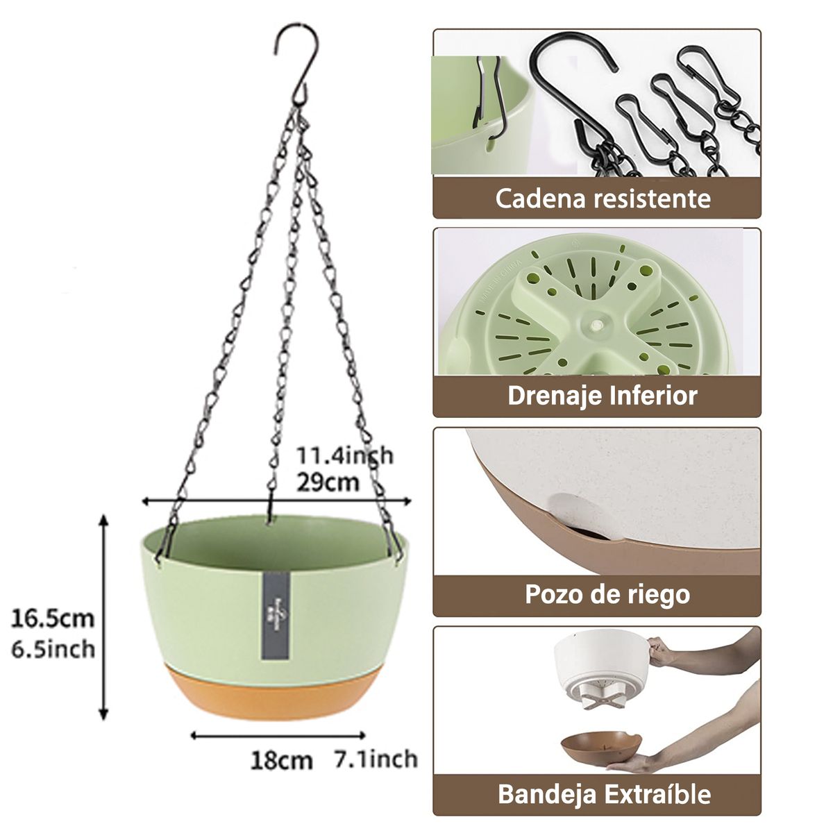 GENERICO - Kit 2 Macetero Colgante con Bandeja Extraíble y Drenaje L Menta