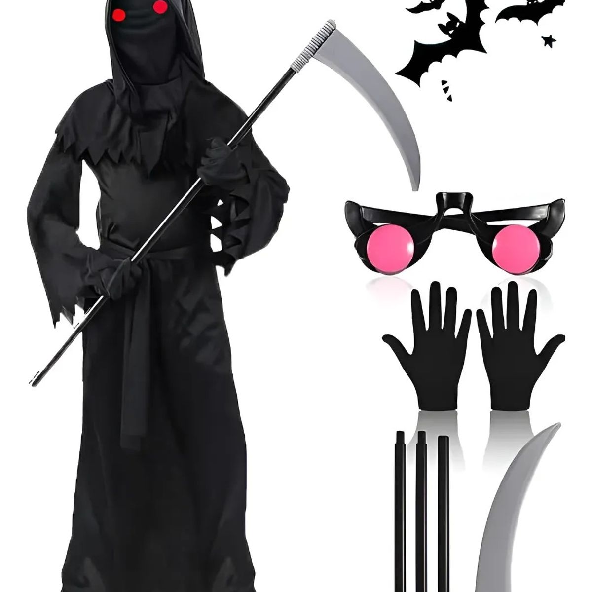 KUANGYE - Disfraz Grim Reaper Ojos Rojos Y Guadaña Halloween Cosplay