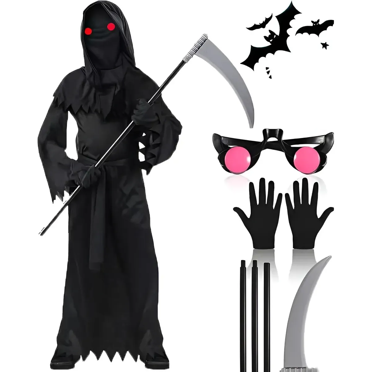 KUANGYE - Disfraz Grim Reaper Ojos Rojos Y Guadaña Halloween Cosplay