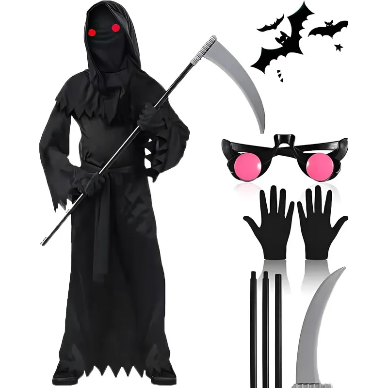 KUANGYE - Disfraz Grim Reaper Ojos Rojos Y Guadaña Halloween Cosplay