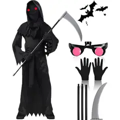 KUANGYE - Disfraz Grim Reaper Ojos Rojos Y Guadaña Halloween Cosplay