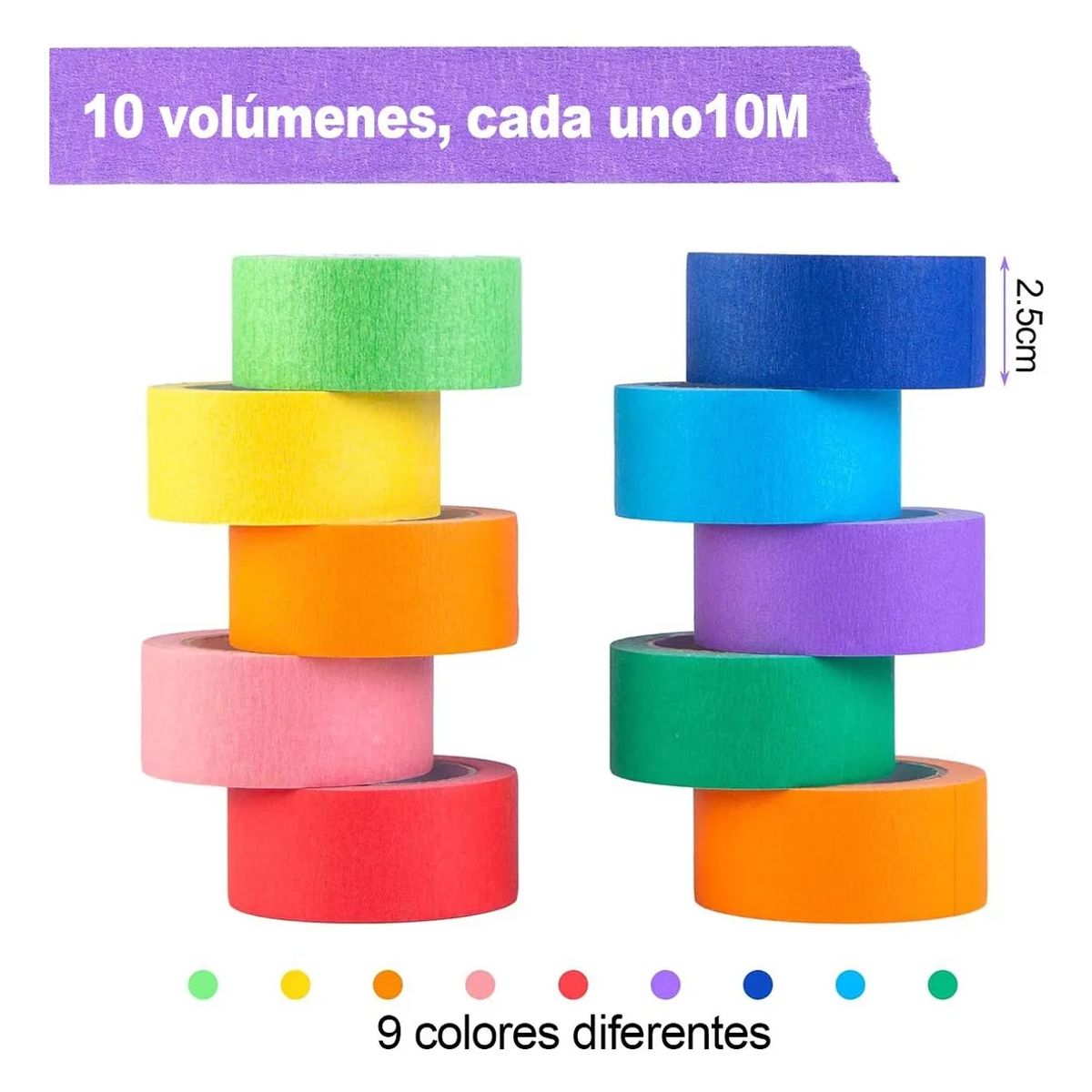 KUANGYE - 10 Rollos De Cinta Adhesiva Washi Rainbow Candy Color