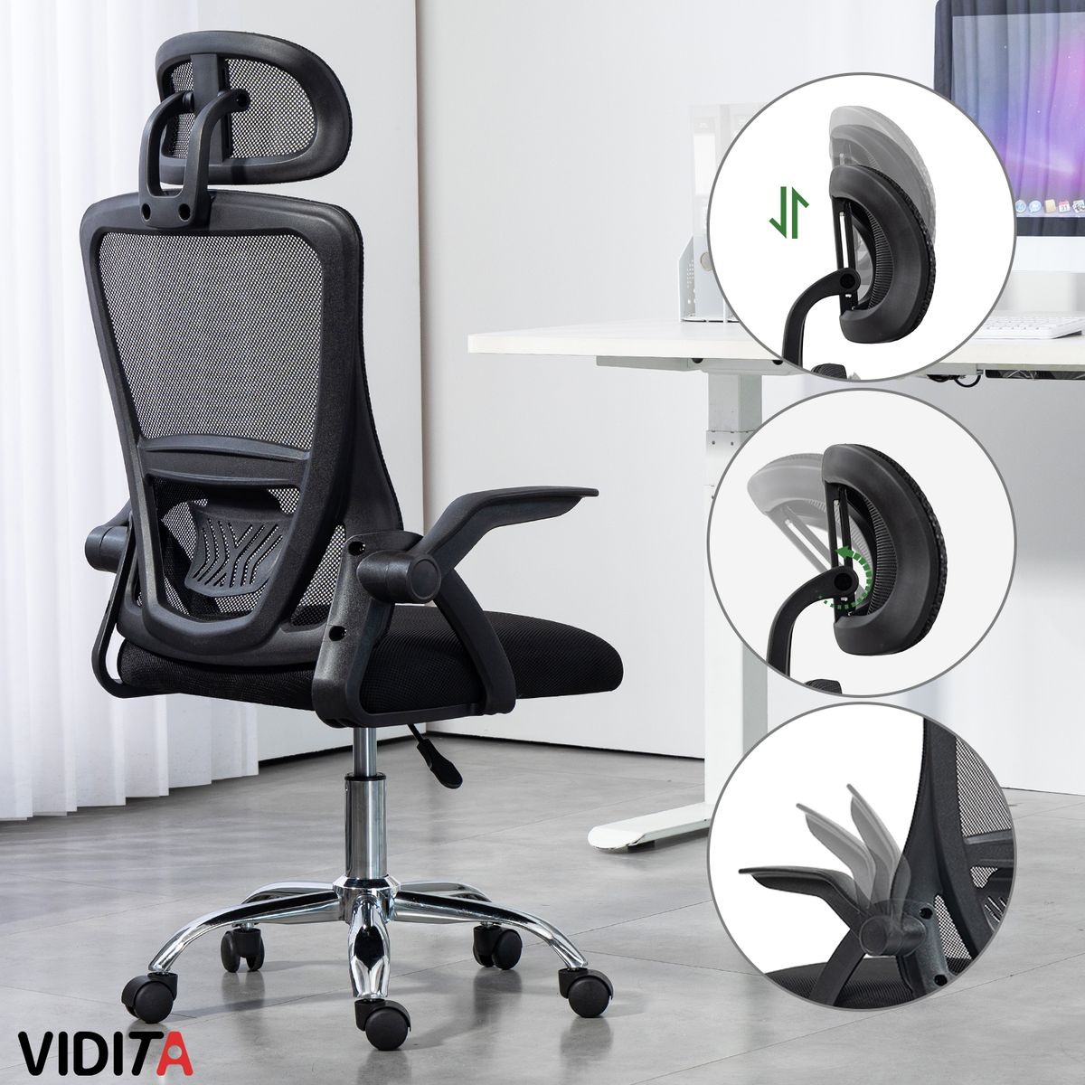 VIDITA - Silla Escritorio Ergonomica Emilia Plus Con Reposacabezas Color Negro