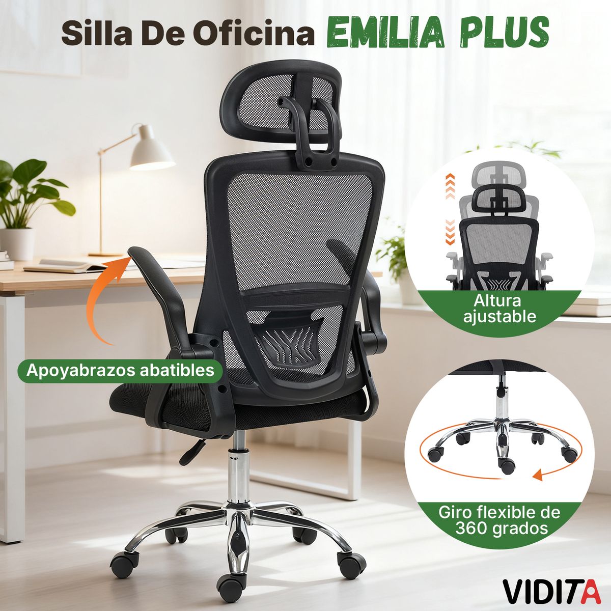 VIDITA - Silla Escritorio Ergonomica Emilia Plus Con Reposacabezas Color Negro