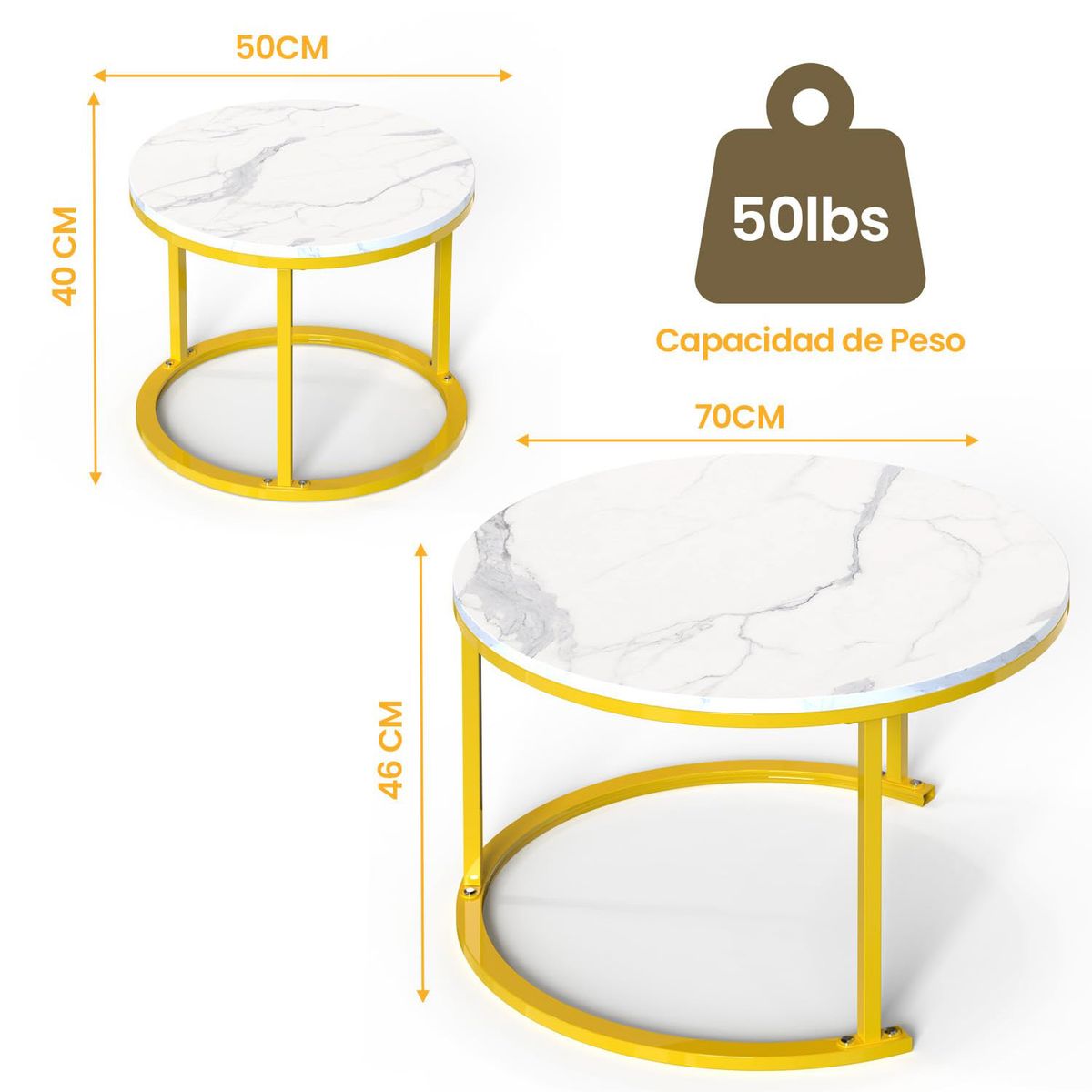 Mesa de Centro 2 Piezas Redondas Estructura de Metal 50cm y 70cm, marca WELDMON - Foto 2