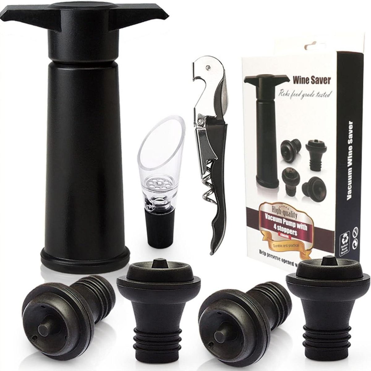 WELDMON - 7 Piezas Tapón para Vino y Vino Tinto Bomba de Vacío Negro