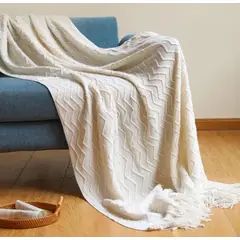 GENERICO - MANTA DECORATIVA BLANCO CRUDO ZIGZAG CON FLECOS 180X130CM CSAMIO