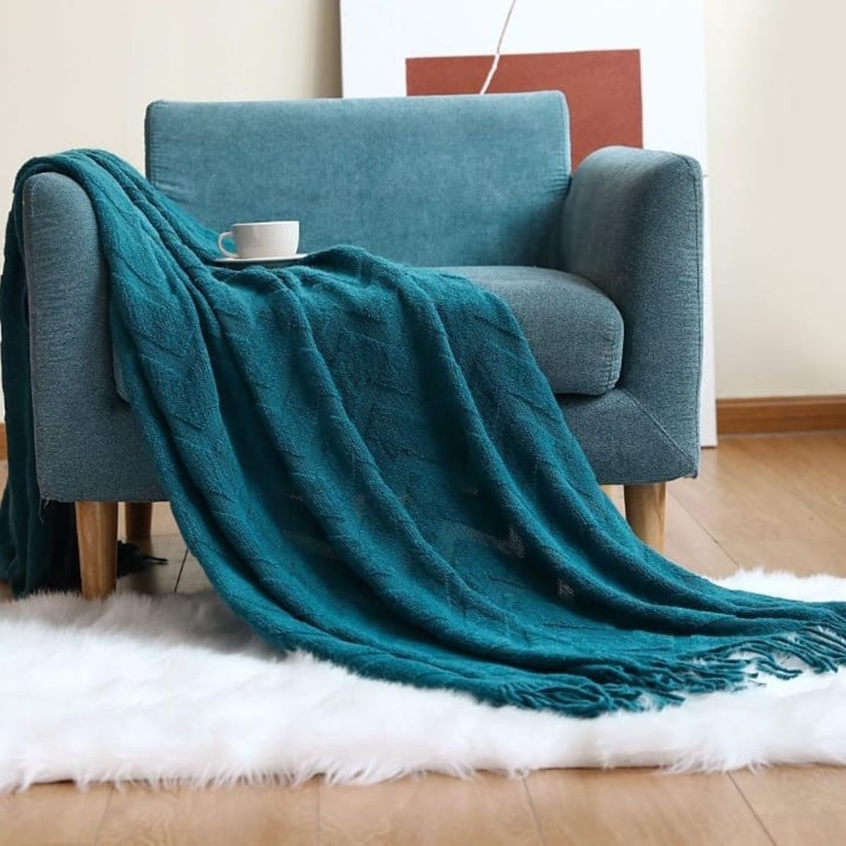 GENERICO - MANTA DECORATIVA AZUL PATRON DE ZIGZAG CON FLECOS 180X130CM CSAMIO