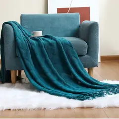GENERICO - MANTA DECORATIVA AZUL PATRON DE ZIGZAG CON FLECOS 180X130CM CSAMIO